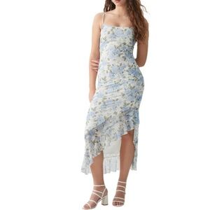 Ardene Floral Asymmetrical Ruffle Slip Midi Dress Blue White Mesh Stretch L